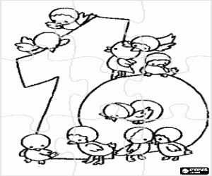 Colorear Puzzle de número diez y pájaros