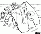 Pirata barbudo a bordo del barco preparado para izar la bandera con la calavera