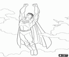 Superman volando hacia el cielo junto a los pájaros, con los puños cerrados y su traje con la capa