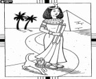 Cerca de una pirámide y unas palmeras Cleopatra paseando junto con su gata, representación de la diosa Bastet, con sus respectivos tocados en forma de serpiente o áspid