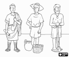 Tres representantes de la sociedad romana: el patricio (la aristocracia de propietarios), el plebeyo (el pueblo) y el esclavo (la mayoría prisioneros de guerra)