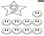 Número 9 dentro de una estrella con nueve smiles o sonrisas