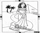 Puzzle de Antiguo Egipto - Cerca de una pirámide y unas palmeras Cleopatra paseando junto con su gata, representación de la diosa Bastet, con sus respectivos tocados en forma de serpiente o áspid