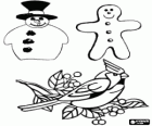 Decoraciones navideñas: muñeco de nieve, galleta en forma de hombre y pajarito en una rama