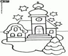 Iglesia en Navidad con el abeto bajo las estrellas