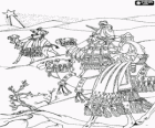 Los Tres Reyes de Oriente en camino sobre sus camellos guiándose por la Estrella de Belén
