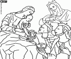 Los Reyes Magos entregando sus ofrendas, oro, incienso y mirra, al Niño Jesús en brazos de su madre Maria