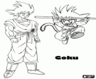 Goku niño saltando y Goku adulto, un humano con cola de mono
