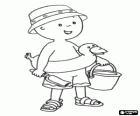 Caillou en la playa con un sombrero, un flotador, un cubo y una pala para jugar con la arena