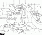 Caillou y su amigo Leo lavandose los dientes en el baño