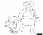 Caillou va a la escuela con su mochila y de la mano de su madre