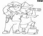 Caillou y Leo jugando a los piratas y buscando el tesoro con el mapa
