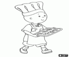 Caillou ayudando en la cocina con su gorro de chef y preparando unas galletas