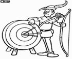 El famoso arquero Robin Hood mostrando su destreza con el arco al lado de una diana