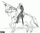 Caballero con casco, malla de acero, escudo, espada y lanza abanderada