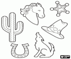 Imágenes típicas del lejano oeste: un cactus, una herradura, un caballo, un sombrero de cowboy, un coyote y una estrella de sheriff