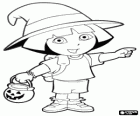 Dora la exploradora la noche de Halloween con una calabaza y un sombrero de bruja