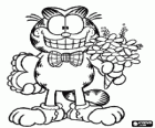 Garfield elegante con los regalos del día de San Valentín, un ramo de flores y un gran corazón