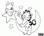 Garfield y Pooky, su osito de peluche, en la luna y las estrellas