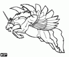 Unicornio volando con las grandes alas