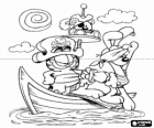 Garfield y sus amigos Odie y Pooky disfrazados de piratas en una pequeña barca