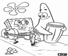 Los amigos Bob Esponja y Patricio con sus instrumentos musicales: una guitarra y un bombo