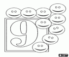 Número 9 con nueve caras contentas o smiley