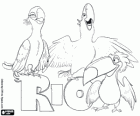 Logo de la película Rio con tres de sus protagonistas: los guacamayos Blu, Jewel y el tucano Rafael