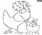 La gallina con el pollito en un cochecito