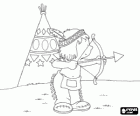 Niño indio practicando con el arco y la flecha en el campamento de la tribu