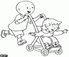 Caillou dando un paseo con su hermana pequeña en el cochecito