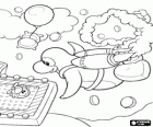 Pingüino volando con una mochila propulsora en un juego del Club Penguin