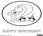 Elmo y dos pinguinos en una tarjeta para los cumpleaños de 2 años
