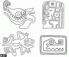 Dibujos mayas esculpidos en una piedra