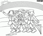 Holly Hobbie y sus amigas paseando con gabardinas y botas de agua bajo el arcoiris despues de la lluvia