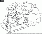 Spot el perro. El perrito Spotty y el mono Steve sobre un trineo, el hipopótamo Helen y el cocodrilo Steve los empujan