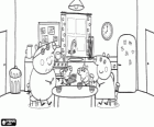 Peppa Pig y su familia tomando el desayuno en la mesa de la cocina