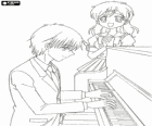 Taro Mitsuki y Hanon en la clase de piano, personajes de Mermaid Melody Pichi Pichi Pitch