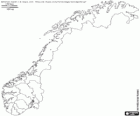 Mapa del Reino de Noruega. País de la península escandinava con larga costa en el Atlántico Norte y con fronteras con Suecia, Finlandia y Rusia