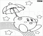 Puzzle de Kirby con un paraguas volando entre las estrellas y el arcoiris