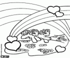 Dos pequeños ponys debajo los arcoiris y los corazones