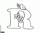 Letra mayúscula R con un pájaro y pequeños frutos