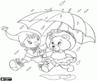 Noddy y su amiga Tessie Bear con un paraguas bajo la lluvia