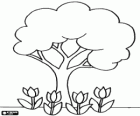 Un árbol con tulipanes alrededor