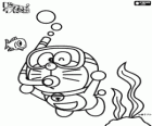 El gato cósmico Doraemon haciendo submarinismo