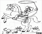 Rompecabezas de Cowboy con el lazo montando un caballo sobre las dos patas traseras al ver una serpiente
