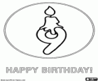 ¡Feliz cumpleaños! Hoy celebras los nueve años. Un nueve con una vela encendida en el pastel