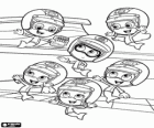 Los seis Bubble Guppies con sus cascos para participar en el Crayon Prix