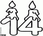 El número catorce con dos velas para cumpleaños