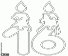 Número dieciséis con dos velas encendidas, dibujo en versión de línea fina